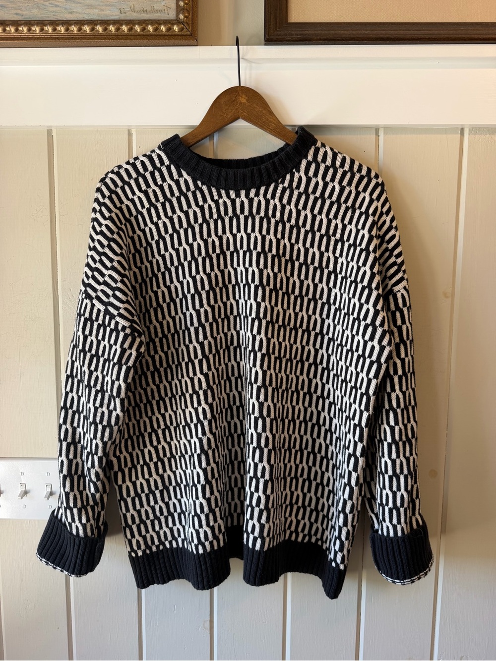 Show Me Your MuMu Black & White Geometric Pattern Crewneck Sweater, Size Medium